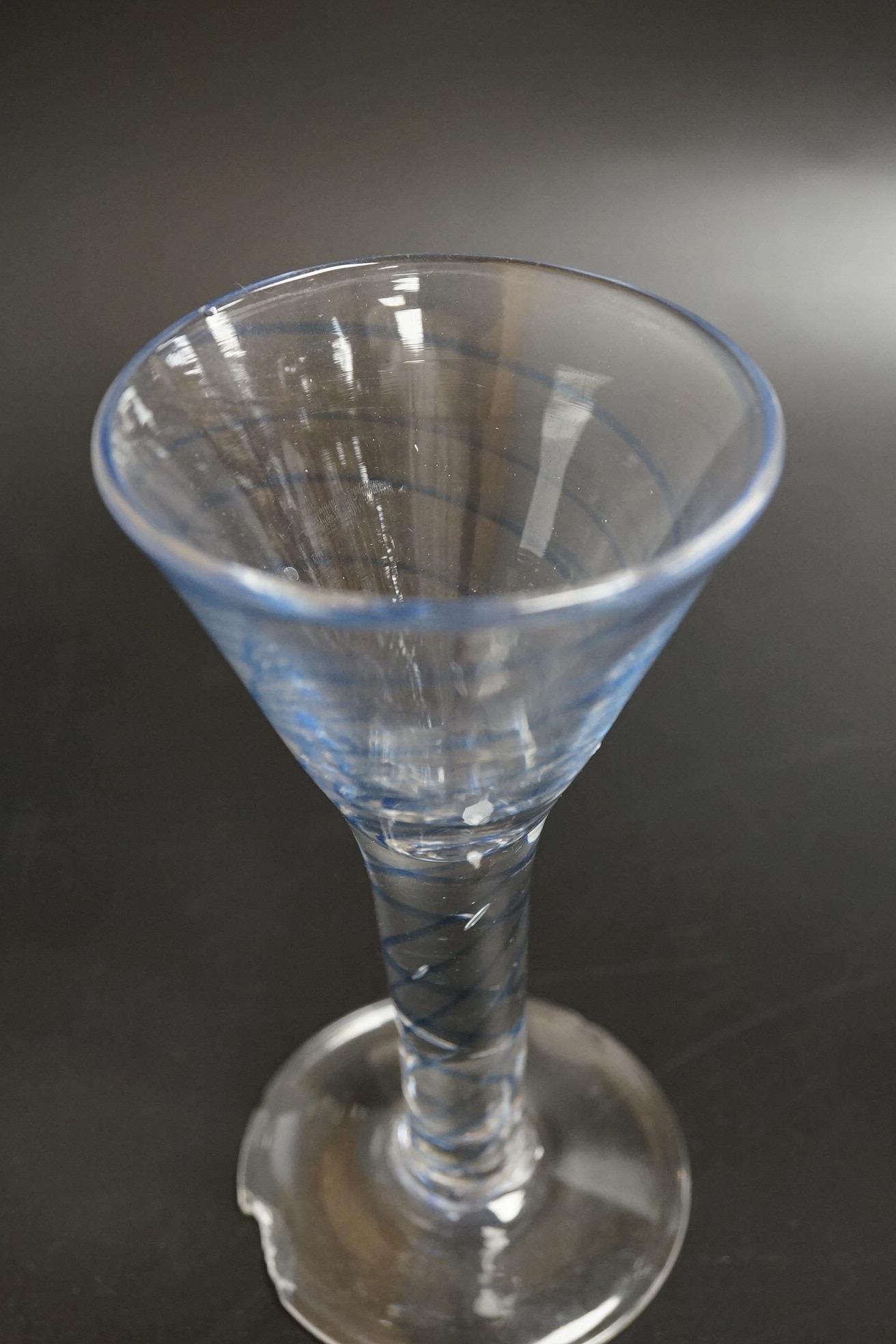 Two drawn wine glasses, each with air-tear stems, and a drawn-stem wine glass with blue internal twist, tallest 17cm high (3)